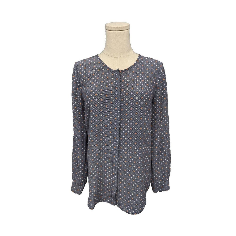 JOIE XS Top Silk Geo Square Diamond Button Front‎ Lightweight Crewneck Blouse